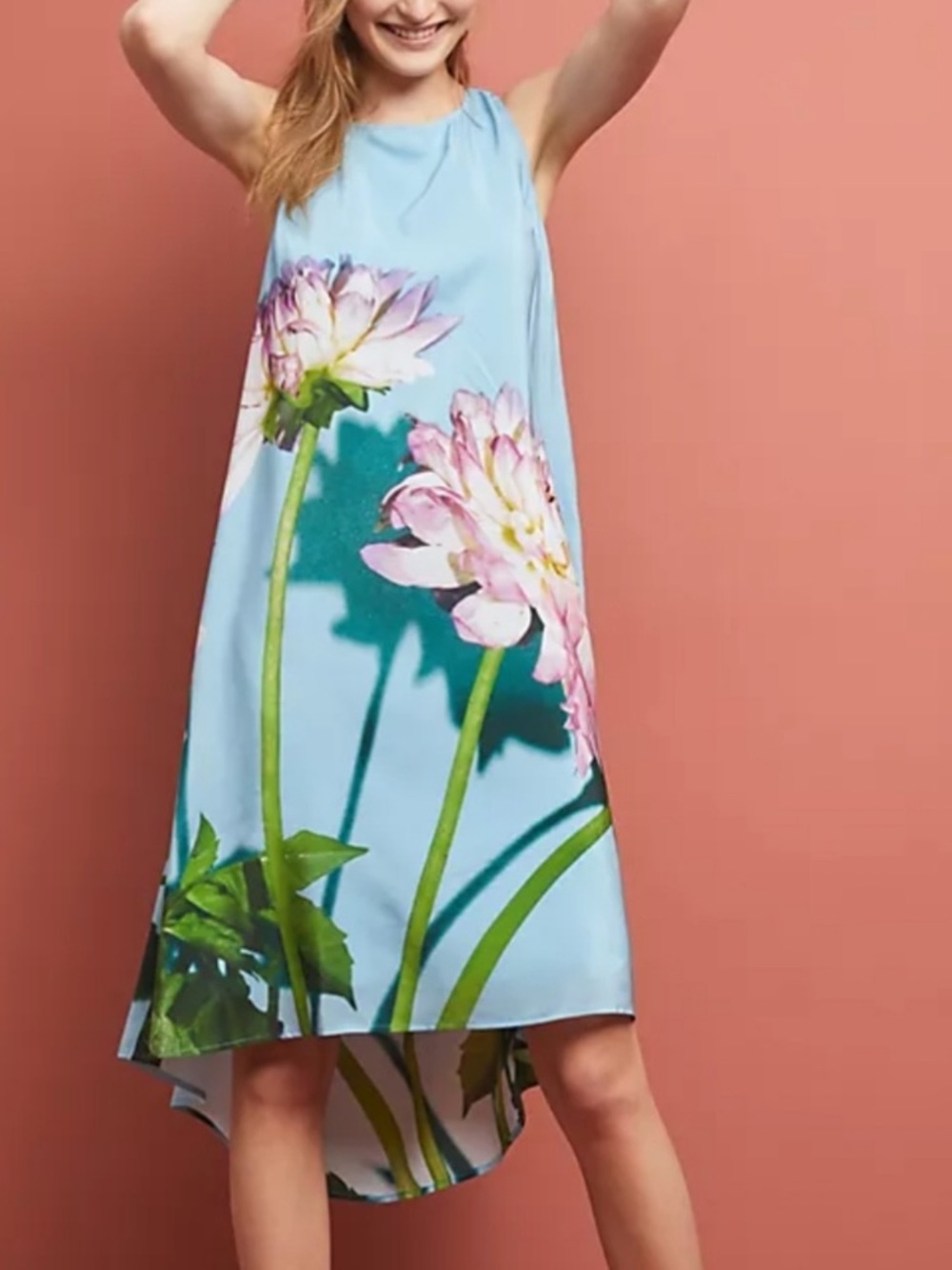 Anthropologie Sky Blue Floral High-Low Midi Dress with Pink Blooms